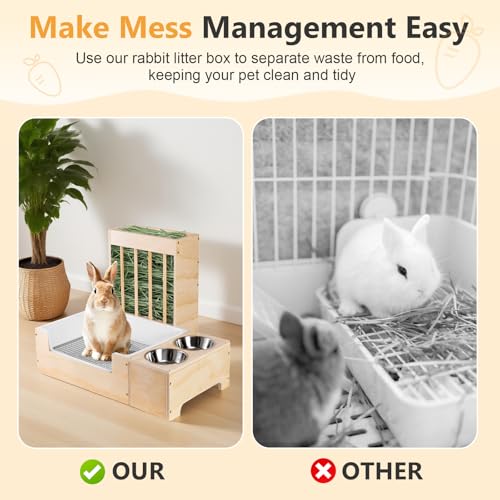 Extra-Large 3 in 1 Rabbit Litter Box with Hay Feeder and Bowls Set, Wood, Mess Proof, for Guinea Pigs, Chinchillas, Hamsters, and Rabbits