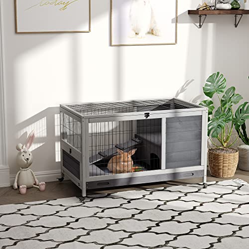 PawHut Wooden Rabbit Hutch Indoor Outdoor, Elevated Bunny Cage with No Leak Tray Enclosed Run with Wheels, Ideal for Guinea Pigs and Small Animals, Gray | No Leak Tray Enclosed Run with Wheels, for Rabbits, Chickens, Ducks, Guinea Pigs and Small Animals -
