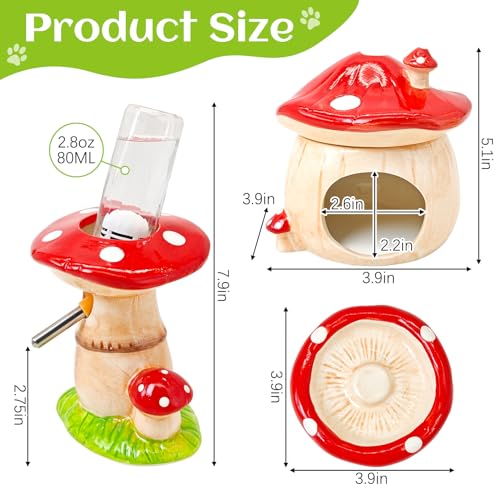 BNOSDM 3-in-1 Ceramic Hamster Hideout, Food Bowl, Water Bottle with Stand - Mushroom Shape - Red - color: Red Hideout Trio
