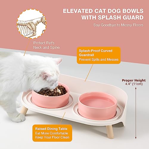 Raised Cat Food and Water Bowl Set - Elevated Ceramic Dishes with Non-Slip Stand and Splash Guard for Small Dogs - 2 x 320 ML (4.9 OZ) - Pink - color: Pink, size: Small