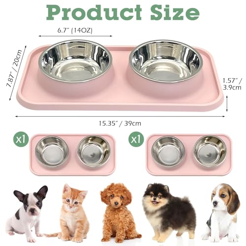 BNOSDM 2 Pcs Double Dog Food Bowls, Stainless Steel Small Dog Food and Water Bowls with Non-Spill Plastic Mat, Pet Cat Feeder Dish Set for Puppy Cats Kitten, Pink - color: Pink【Set of 2】