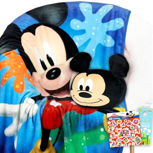 Disney Mickey Mouse Nogginz Set - Bundle with 40 x 50 Inch Lightweight Travel Throw Blanket & Pillow Plus Stickers, More | Kids Super Soft 2 Piece Mickey Bedding Set