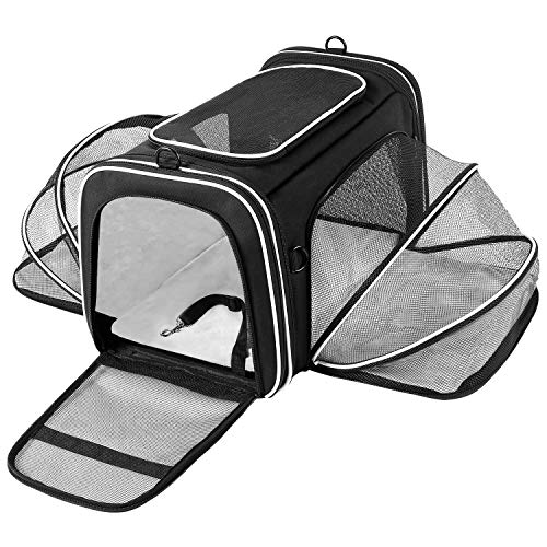 TSA Airline Approved Large Pet Travel Carrier,4 Sides Expandable with 2 Mesh Pockets,3 Entry, Soft Sided Collapsible Dog Carrier for 2 Cats,Kittens,Puppies,Dog, X-Large, Black & White