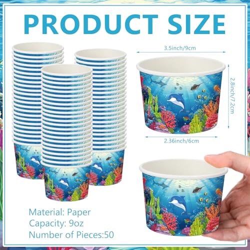 Funnymoom 50 Pack Under The Sea Ice Cream Cups 9 oz Ocean Disposable Dessert Bowls Under The Sea Animal Paper Soup Bowls Snack Cups for Hot or Cold Food Underwater Creatures Birthday Party Supplies - color: Ocean Blue, style: Under the Sea