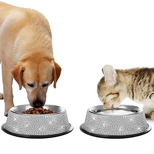 SAVORI Bling Dog Bowls White, 640ML Handmade Bling Rhinestones Stainless Steel Pet Bowls Double Food Water Feeder for Puppy Cats Dogs - Set of 2 - color: Silver