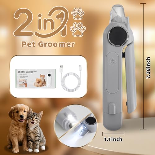 2-in-1 Quiet Electric Pet Nail Clipper & Grinder with Light for Dogs Cats | 3-Speed Grinding, Nail Catcher, Safety Guard, Low-Noise Motor, USB Rechargeable Design for Stress-Free Home Grooming - color: gray