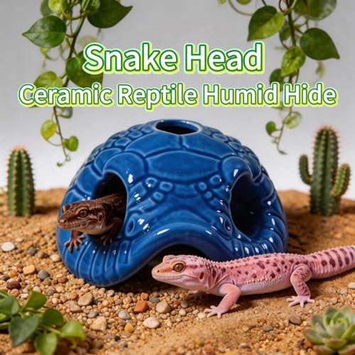 Snake Head Reptile Hide Cave, Blue | Small Ceramic, Gecko Hideout with Water Reservoir, Mini Terrarium Decor, For Juvenile Snake, Lizard, Frog - color: Blue