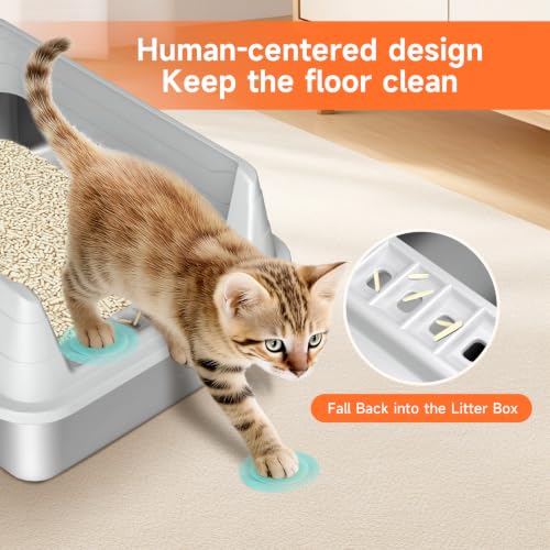 Stainless Steel Cat Litter Box for Small Cats, Odor Free Metal Litter Box | High Sides Lid Open Top Low Entry Litter Pan Easy Cleaning Kitty Cat Box Anti-Urine Leakage Non-Sticky Include Scoop - color: Light Grey S