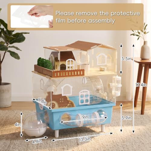 Acrylic Hamster Cage 2 Tier Clear Hamster House with Tunnels | Dwarf Hamster Cage & Habitat with Running Wheel, Food Bowl for Gerbils Syrian Hamsters,13.3''L* 9.8''W* 17.4''H, Blue - color: Blue