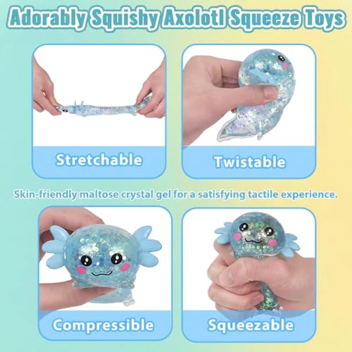 3.94 in Blue Glitter Crawling Axolotl Squishy Slow Rising | Soft TPR, Floating Glitter, squeeze toy, busy hands, stress relief, focus support, home, class, travel, kids and adults - color: Blue