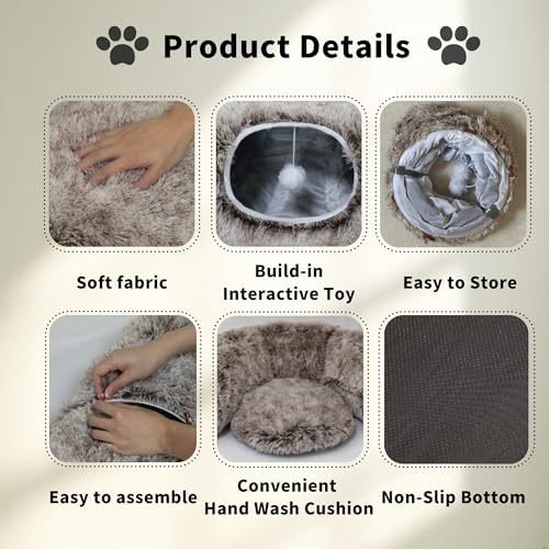Cat Tunnel Bed for Indoor Cats with Washable Cushion Cat Cave Donut Tunnel with Fluffy Ball Big Round Tube Pet Playground Toys Soft Plush Peekaboo for Kitten, Cat, Puppy, Rabbit, Ferret（Brown） - color: Brown