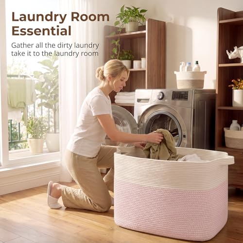 OIASKET 108L Cotton Rope Storage Basket for Living Room and Bedroom 25"x16"x16" Woven Laundry Basket, Heavy Duty Bin for Blankets, Pillows & Toys, Pet-Safe & Scratch-Free, Pink and White - color: Pink & White