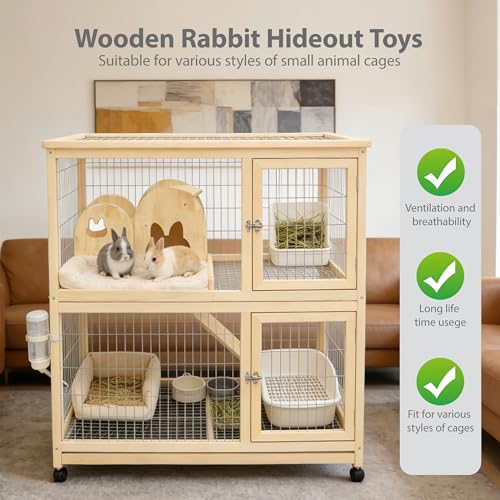Large Bunny Hideout Wooden Bunny House with Ramp Rabbit Castle(Ladder) | solid wood guinea pig hideout chinchilla house with detachable panels,rabbit hide with ramp hideaways and climbing areas - style: Ladder