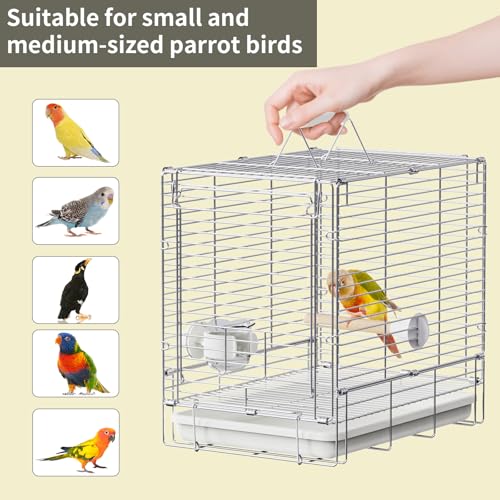 Bird Carrier Travel Cage - 304 Stainless Steel Portable Folding Bird Travel Cage with Parrot Feeder Cups & Standing Perch for Smaller Birds Conures Lovebird Cockatiel Parakeets (White) | 304 Stainless Steel, Portable Folding, Parrot Feeder Cups & Standing