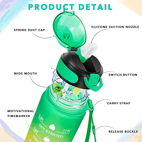 Enerbone 32 oz Drinking Water Bottle with Times to Drink and Straw, Motivational with Carrying Strap, Leakproof BPA & Toxic Free, Ensure You Drink Enough Water for Fitness Gym Outdoor - color: Green Red