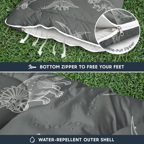 Wake In Cloud - Kids Sleeping Bag for Boys Toddlers, Camping in Warm Cold Weather, Backpacking Lightweight Compact Outdoor Liner for 3 Seasons, Dinosaur Sketch - color: Dark Gray