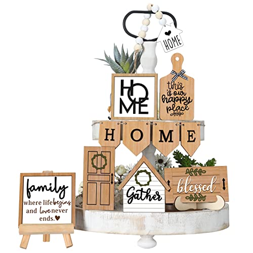 FairySandy 11 Pcs Home Tiered Tray Decor Gather Rustic Farmhouse Tiered Tray Decorations Set Home Wooden Signs Vintage Farm Animal Farmhouse Tabletop Wood Signs for Kitchen Table Shelf Decor - style: Elegant