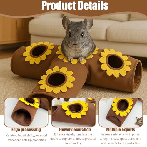 Guinea Pig Hideout and Toys, 4-Way Collapsible Small Pet Tunnels and Tubes with Sunflower Peepholes for Bunny Rabbit Ferret Hamster Chinchilla Hedgehog Hiding and Resting, 26.4in Long，Brown