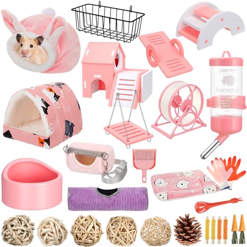 Teenyyou 24 Pcs Small Guinea Pig Starter Kit Essentials for Hamster Cage Accessories Toys House Bed Cage Cleaner Food Bowl Water Holder Carrier Bag Teething Toys Liner Tunnel for Beginner(Pink) - color: Pink