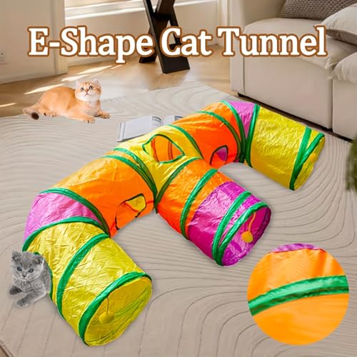 3 Way Collapsible Cat Tunnels with Interactive Ball, E Shape Folded Pet Tube Toy for Indoor Cats, Puppy, Kitty, Kitten, Rabbit - size: E Shape