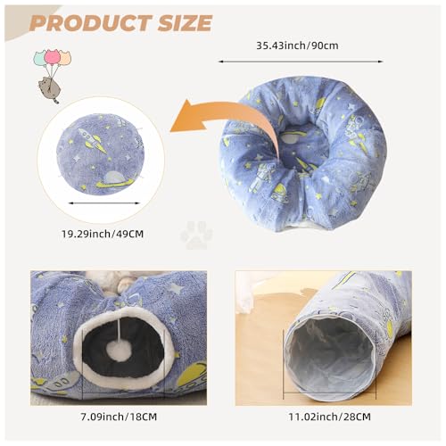 Under Christmas Tree Large Cat Tunnels Bed Tube for Indoor Cats Glows in The Dark Cat Tunnel with Cushion and Plush Ball Toy Toys for Dog Puppy Kitten Rabbit Bunnies Ferret Pet Blue - color: Blue Bed