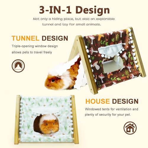 Guinea Pig Hideout No Bottom, Bamboo Small Animal House with Window, Rabbit Bunny Tunnel, Easy to Assemble for Hamsters Bunny Rat Chinchillas Playing Hiding, Guinea Pig Cage Accessories, Mushroom - color: Brown