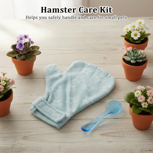 1Pcs Hamster Bite Proof Glove and Grooming Brush Set, Adjustable Hamster Glove, Lid Soft Cleansing Brush Massage Combs, Guinea Pig Brush, Hamster Care Set for Hamsters, Ferrets, Hedgehog (Green Stars) - color: Green Stars