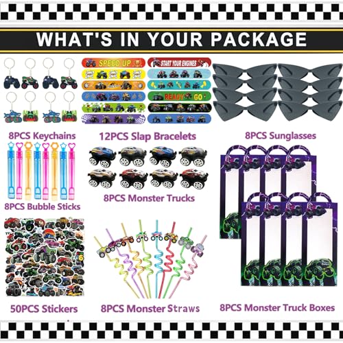 110PCS Monster Truck Party Favors, Birthday Decorations and Goodie Bag Toys | 110PCS monster truck party favors with boxes, trucks, sunglasses, stickers, bracelets, keychains, bubble wands and straws. - style: Monster Truck