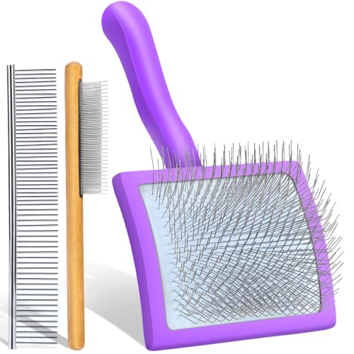 Wooden Long Pin Slicker Brush for Large Dog, Poodles & Doodles Long Hair | Grooming, Fluff & Detangle Heavy Dense Wavy Curly Coats to Easily Prevent Severe Hair Matting During Shedding Seasons - color: Purple