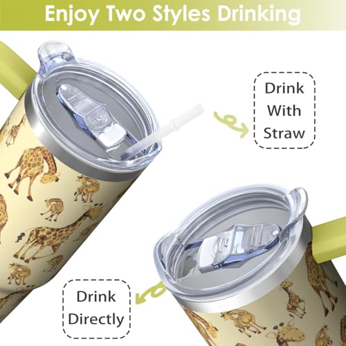 30oz Giraffe Stainless Steel Tumbler with Handle and Straw,Insulated Cup Travel Coffee Mug Water Bottle with Lid and Straw, Animal Lovers Women Gifts - color: Giraffe
