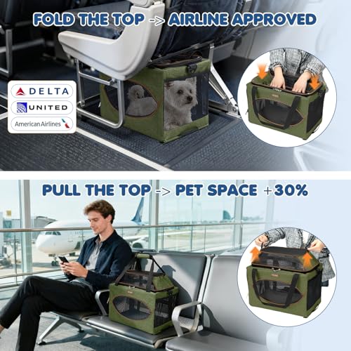 Lekereise Top-Expandable Pet Carrier 18x11x11Inch Delta American United Airline Approved Underseat to 15lbs Stable Car Travel Carriers for Small Dogs Cats with Locking Safety Zippers Anti-Scratch Mesh - color: Dark Green, size: 18"x11"x11"