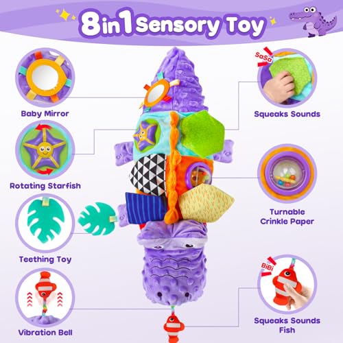 Purple Crocodile Plush Musical Stuffed Animal Alligator Baby Sensory Toy Tummy Time Learning Toy Soft Soothing Toys for Babies 0-36 Months Baby Shower 1st Birthday Gifts - color: Purple