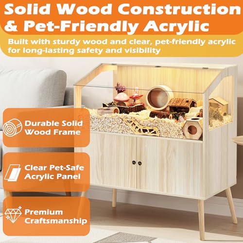 PROLEE Hamster Cage with Storage Cabinet,Large Hamster Encloure Chew Proof Wood,Clear View Hamster Habitat for Guinea Pig, Ferret, Rat, Hedgehog, 40" L x 20" W x 47" H (Oak) - color: Oak