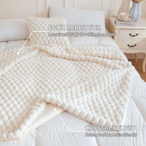 XeGe Luxury Bubble Fluffy Faux Rabbit Fur Bed Blanket King Size, Beige | 104"x90", Double-Sided, Hypoallergenic, No-Shed, Washable, Boho Furry Blanket for Master Bedroom, Couples & Family Snuggling - color: Beige, size: King (104" X 90")