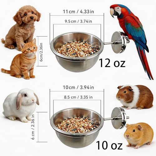 AOTU 2PCS Anti-Snatch Stainless Steel Parrot Feeding Cups with Locking Buckle - Bird Food & Water Bowls, Essential Bird Cage Accessories for Cockatiel, Conure, Budgie, Macaw Gray Parrot & Small Pet - color: S+L (10+12 oz)