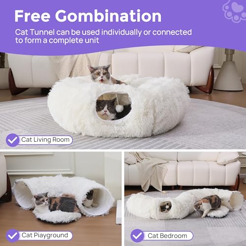 Cat Tunnel with Bed – Soft Plush Peekaboo Donut Cave for Indoor Cats | Under Christmas Tree Hideaway & Multifunctional Playground Toy for Kittens, Rabbits, Ferrets (Long-Pile Fabric White) - color: Long-pile fabric White