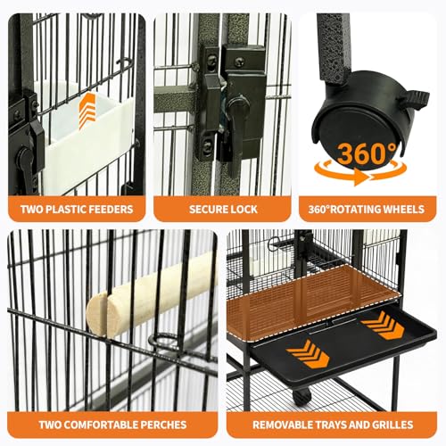 Spacious Flight Bird Cage with Rolling Stand & Storage Shelf - Durable Wrought Iron Parrot Home w/Play Top & Bowls - Easy Clean, Ideal for Parakeets, Cockatiels, Conures - size: 25.4"L x 19.7"W x 5.9"H
