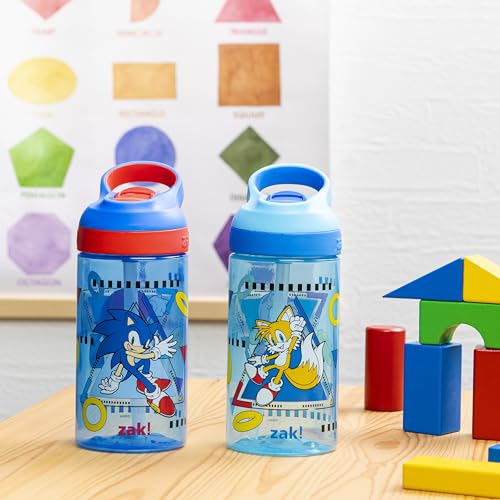 Zak Designs Sonic the Hedgehog Atlantic Kids Water Bottle For School or Travel, 16oz Durable Plastic Water Bottle With Straw, Handle, and Leak-Proof Spout Cover, 2-Pack (Sonic, Knuckles, Tails, Amy) - color: Sonic