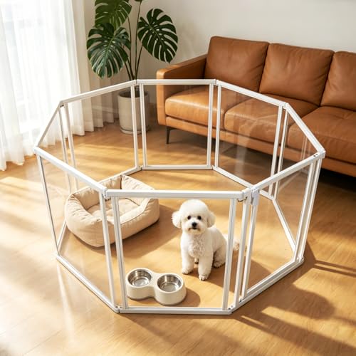 24" H Clear Dog Playpen Indoor, Acrylic Dog Cage with Door 8 Panels | Metal Frame Play Pen Easy Assemble Pet Fence, DIY Foldable Puppy Pen for Ducks Cat Rabbit Small & Medium Pets- White