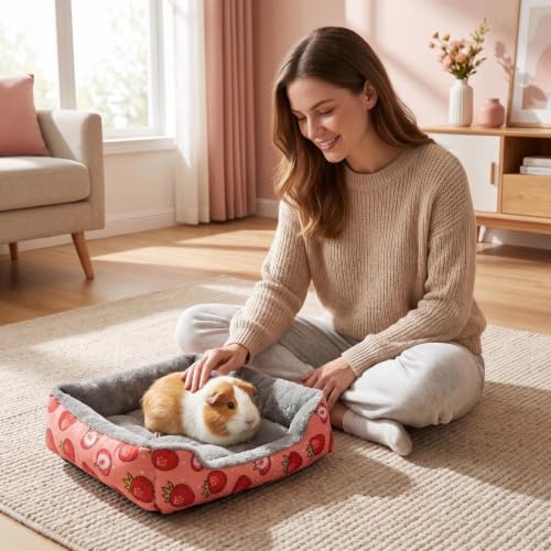 Bunny Bed, Pink Strawberry Plush Rabbit Guinea Pig Bed with Non Slip Bottom, Cozy Bed for Ferret Hamster and Other Small Animals