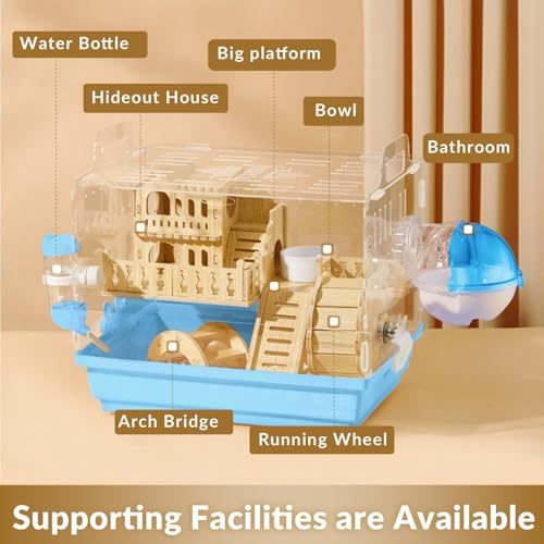 Cycodo 8 in 1 Acrylic Hamster Cage,2-Tier Dwarf Hamster Cage with Wooden Wheel & Hideout,Small Hamster Habitat with Accessories,Clear Pet Mice House(Blue,14" L*10" W*11" H) - color: Blue