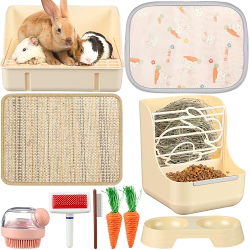 Honeydak 10 Pcs Rabbit Starter Kit Small Litter Box Bunny Grooming Kit Scratch Pads Hay Feeder Bowl Ice Pad with Bunny Toys for Guinea Pig Rabbit Accessories(Beige) - color: Beige