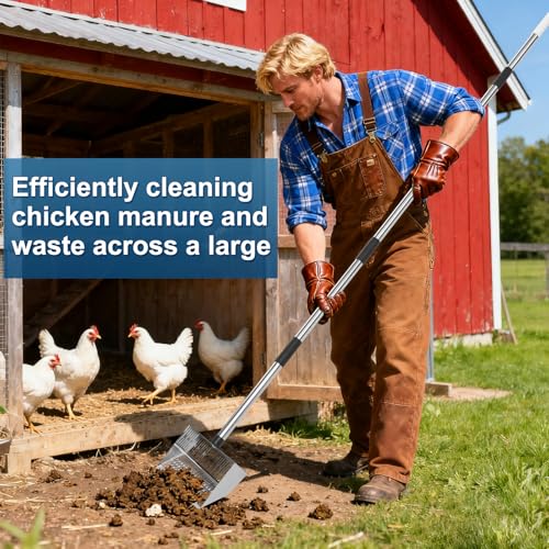 Metal Chicken Coop Scoop,With 31–75" Adjustable Stainless Steel Long Handle | 31–75" Adjustable Long Handle Pooper Scooper, Perfect for Chicken Coops, Duck Houses & Animal Farm Bedding Cleaning (Black)