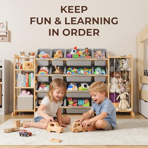Toy Storage Organizer with Bookshelf and Stuffed Animal Storage - Kids Playroom Organization with Shelves and 16 Toy Bins - Toddler Living Room Toy Box for Lego - Nursery Bedroom Decor Essential - color: Grey, size: 67"W,3 Shelves,16 Bins