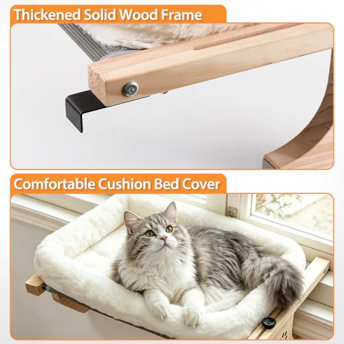 AMOSIJOY Cat Sill Window Perch Sturdy Hammock Window Seat with Cushion Bed Cover, Wood & Metal Frame for Large Cats, Easy to Adjust Cat Bed for Windowsill, Bedside, Drawer and Cabinet(Cushion Bed) - color: White, size: 22''L X 15''W