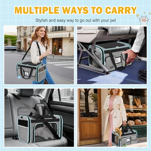 HUANLANG Large Cat Carrier Soft Sided Travel Pet Carrier Airline Approved | Dog Carriers for Small Dogs Medium Cats,Collapsible,3 Storage,zipper lock,Reflective strips,Luggage Strap, Up to 15 Lbs, Grey - color: Gray
