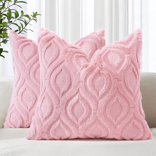 decorUhome Faux Fur Plush Light Pink Throw Pillow Covers 16x16 Set of 2 | Plush Solid Fall Couch Pillow Covers, Accent Modern Farmhouse Neutral Decorative Square Pillow Cases for Sofa Bed Living Room - color: Light Pink, size: 16" x 16" (Pack of 2)