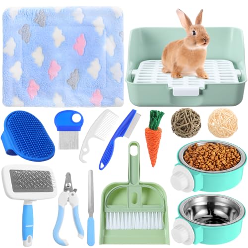 Reallnaive 15 Pcs Rabbit Starter Kit Small Rabbit Litter Box Girls Gift Animal Grooming Kit Bunny Toys Bowl Blankets with Cleaning Set for Guinea Pig Accessories(Green) - color: Green