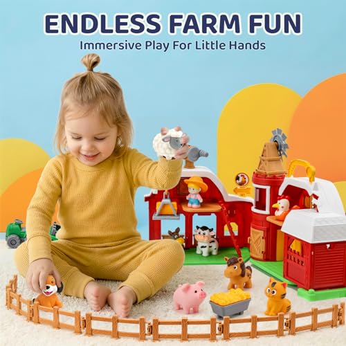 All-in-One Farm Barn Toy Set,Pretend Play Gift for Boys Girls 2 3 Years Old | Barn Toy Set with Farm Animal Figures for Toddlers,Tractor&Fence,Educational Montessori-style Play Sets with Light&Sounds