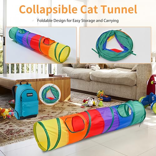 iCAGY 25 Pcs Cat Toys Set, Cat Tunnel Toy for Indoor Cats, Kittens | Interactive Variety Pack, 45" Rainbow Cat Tunnel, Feather Teaser, Feather Golf, Mice, Springs, Balls, Noise Toys - Colorful